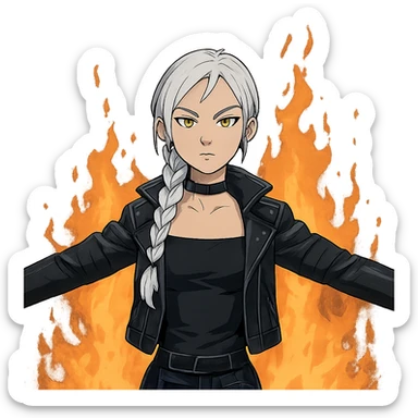  young woman with gold yellow eyes, white hair, long braid, black off-shoulder top, punk gothic style, futuristic cyberwave cyberpunk,, she is calmly t-posing in front of a raging fire sticker