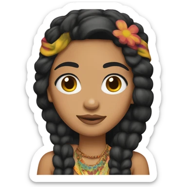 Tanned woman with black hair dressed in 1970s hippie attire, hair, makeup, and  attire with headband  sticker