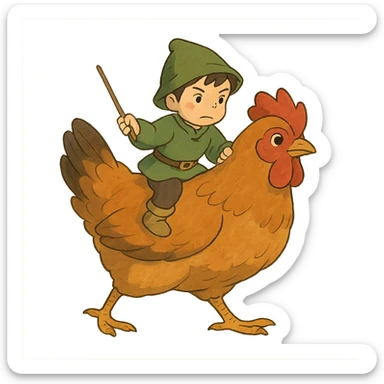 ghibli style chicken jockey small character riding a chicken sticker