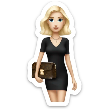 Blonde girl with bright blue eyes holding Louis Vuitton monogram bag in tight short all black dress sticker
