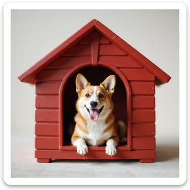 realistic red dog house with a Corgi dog inside, Corgi with tongue out, photorealistic style sticker