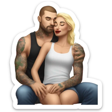 Hyper Realistic beautiful woman in the arms of a very handsome tattooed man kissing on a sofa sticker