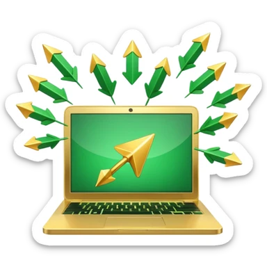 3D laptop icon with gold coins flying out of screen, green color (#0B3D2C), gold accents (#C9B037), upward arrows, glossy modern style, transparent background sticker