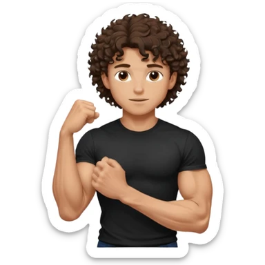 muscular teen boy with veiny hands arms and biceps. has messy brunette curly hair with tan skintone with black tshirt sticker