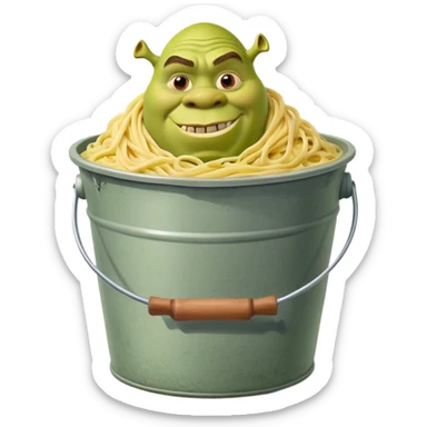 Shrek the green ogre holding a huge oversized bucket overflowing with carbonara pasta sticker