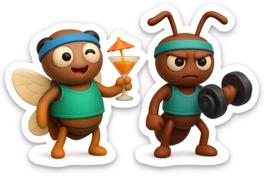 EMOJI STILE IPHONE 3D DI UNA CICALA E UNA FORMICA IN ABITI FITNESS, LA CICALA HA IN MANO UN COCKTAIL MENTRE LA FORMICA HA IN MANO UN MANUBRIO DA PALESTRA. L'IMMAGINE RAPPRESENTA IL FATTO CHE LA FORMICA VOGLIA IMPEGNARSI REALMENTE PER CAMBIARE IL SUO FISICO MENTRE LA CICALA SI VUOLE DIVERTIRE E NON CONCLUDE NULLA ALLA FINE sticker