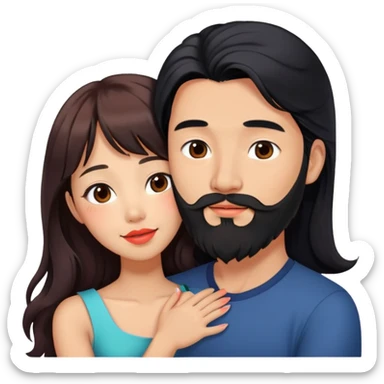 handsome tall asian man with long black hair and beard, hugging cute woman with tan skin and long wavy reddish brown hair with bangs and coral lipstick sticker