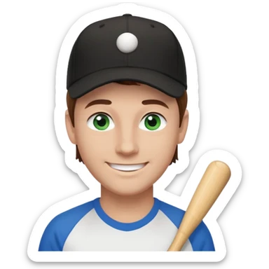Brown hair man white tshirt black baseball hat green/blue eyes sticker