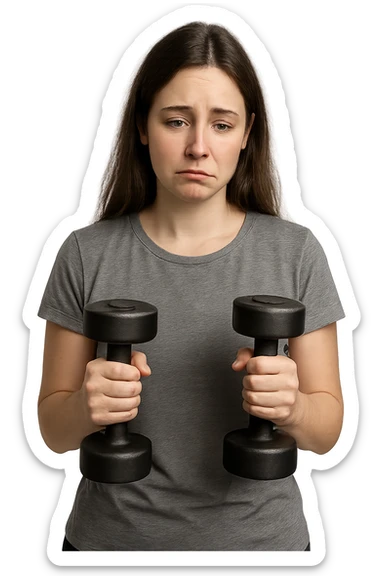 DONNA FITNESS CON MANUBRI DA PALESTRA IN MANO ED ESPRESSIONE TRISTE sticker