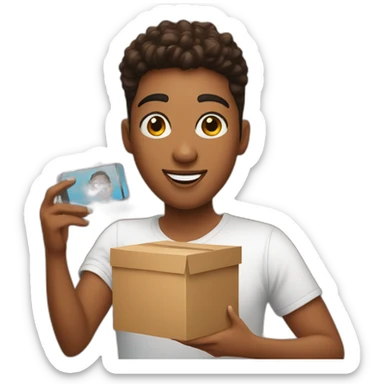 influencer taking selfie with a box sticker