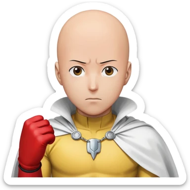 Saitama from One Punch Man, bald head, blank expression, yellow hero suit with white cape, red gloves sticker