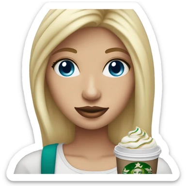 blonde girl blue eyes with Starbucks cup drink sticker