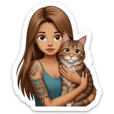 girl with long brown  straight hair and tattoos and a tabby Maine coon cat sticker