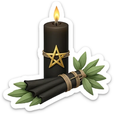 Black candle with a pentacle on it next to a bundle of sage sticker