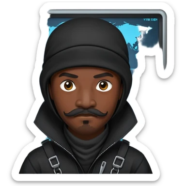 african-american mustache mercenary black asymmetrical ninja hacker terminal command center sticker
