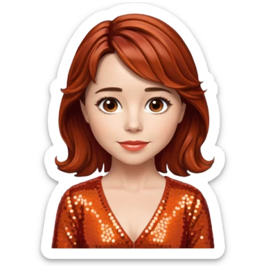 Linda Cardellini with reddish brown hair, red-orange sequin outfit sticker