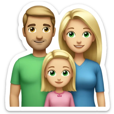 Family of 3. Dad with brown hair and blue eyes, mom with short blonde hair and green eyes, 4 year old daughter with long blonde hair and blue eyes.  sticker