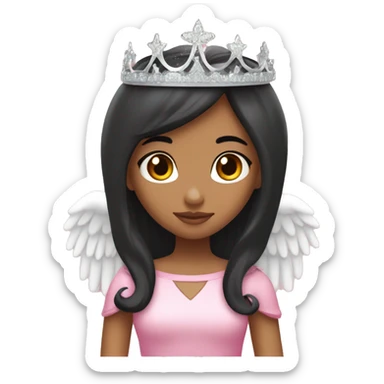 Princess with angel halo with long black hair with bang with silver pink heart tiara and pink dress sticker