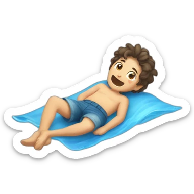 A boy who lies on his back and laughs because his bare feet are wet sticker