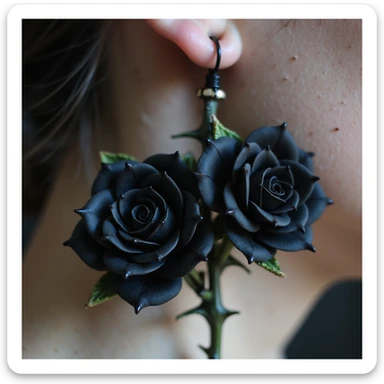 realistic goth earrings, black rose with thorn stem, lifelike petals, romantic gothic sticker