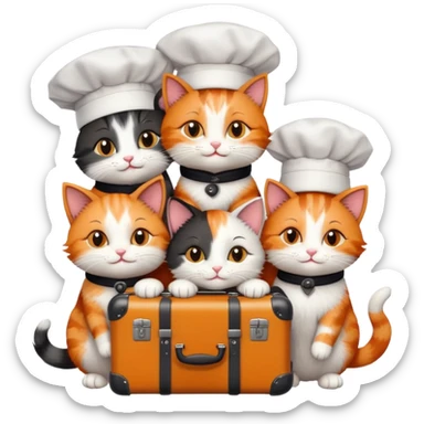 six cats in chef hats hugging a cat with a suitcase sticker