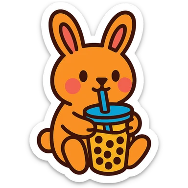 bubble tea bunny sipping boba with both paws, vibrant-toon style sticker