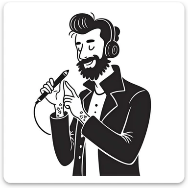 pop rock musician with well-groomed stylish beard, arm tattoos, headphones on ears, smiling confidently, holding microphone in one hand and pencil in other hand sticker