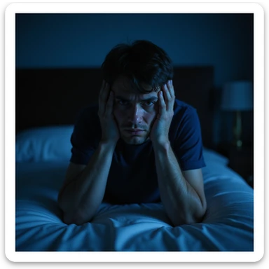 man holding his head in his hands, sitting on the edge of the bed in the middle of the night, face marked by anxiety and tiredness, dark room with soft blue light, realistic hyperrealistic details, 4K quality sticker