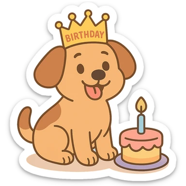 puppy with a birthday crown sitting beside a mini cake, pastel-toon style sticker