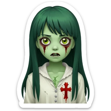 uma garota zumbi assustadora da pele verde e com cabelo preto longo com franja e a roupa branca sticker