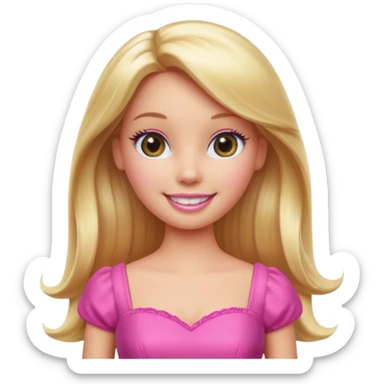 A Barbie-inspired Apple emoji character, big shiny emoji eyes, long blonde hair, wearing a pink dress, smiling, 3D Apple emoji style, clean white background, soft shading. sticker