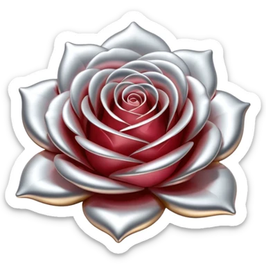 A rose emoji made of liquid silver metal, smooth metallic petals, reflective chrome surface, soft gradients, elegant shape, minimalistic iOS emoji style, centered, clean white background, realistic highlights, no text sticker