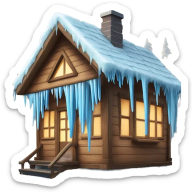Icicles on a wooden house surrounded by trees  sticker