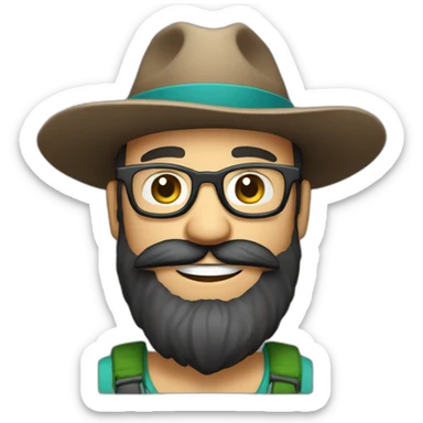 happy smile gardener face long dark beard and bald dark hair round glasses brown eyes and a hat sticker