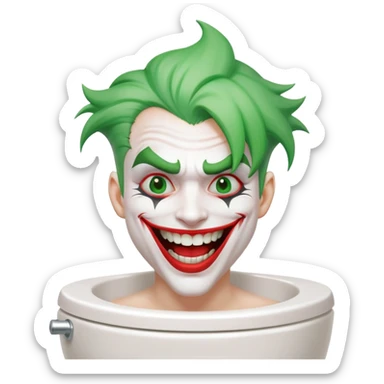 Joker character on toilet laughing hysterically, green hair, white face, red smile sticker