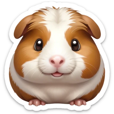 Cinematic Cute Brown and White Banded Guinea Pig Portrait Emoji, Head tilted playfully and inquisitively, showcasing a fluffy fur with playful brown and white banded patterns, round, sparkling dark eyes filled with curiosity, Simplified yet irresistibly adorable features, highly detailed, glowing with a warm, friendly glow, high shine, affectionate and spirited, stylized with a touch of whimsy, bright and endearing, soft glowing outline, capturing the essence of a mischievous yet loving guinea pig, so playful it feels like it could dash out of the screen and into your arms! sticker