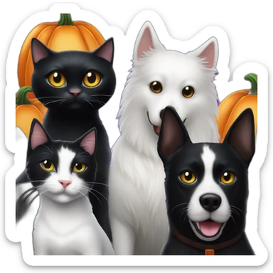 Completely Black cat next to two white dogs next to Halloween pumpkin with Elvira mistress of the dark sticker