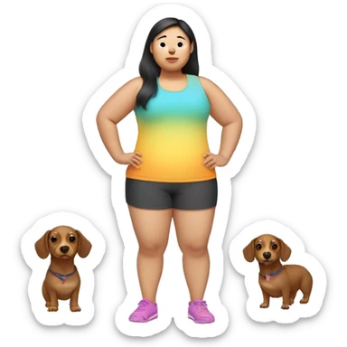 Short chubby asian girl wearing workout shorts and crocs holding a dachsund sticker