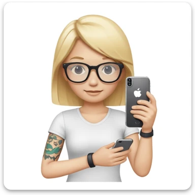 3D emoji character in Apple iPhone style, blond hair, wearing stylish glasses, white tattoo on the arm, holding an iPhone in one hand, cute and friendly expression, smooth and shiny skin, minimalistic design, high quality, vibrant colors, realistic lighting, isolated on white background sticker