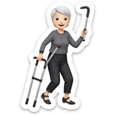 old woman with short hair, dressed with pants, laughing and dancing with crutches sticker