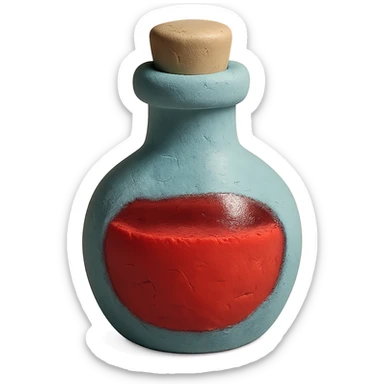 claymation style health potion with pastel colors, visible fingerprints, and red liquid sticker