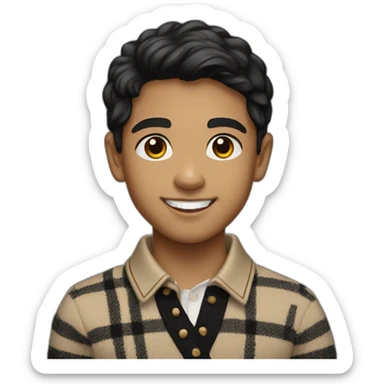 light skin smiling indian kid with black hair wearing a burberry sweater polo sticker