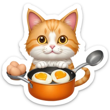 a cat holding a cooking pan with double heart-shaped eggs sticker