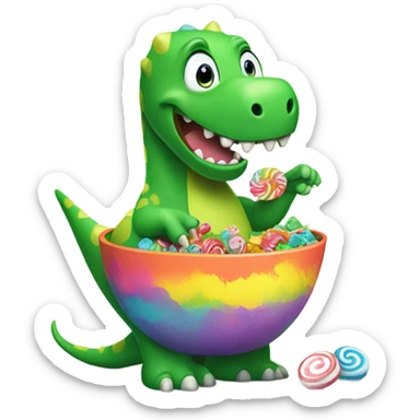 green dinasour eating candy from a bowl sticker