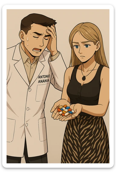 fai un webtoon/manga a colori con questo kinesiologo in camice bianco (fagli la scritta "ANTONIO ANANIA" SUL CAMICE) CHE PARLA CON QUESTA RAGAZZA CON GLI OCCHI AZZURRI. LA RAGAZZA HA UN PUGNO DI INTEGRATORI IN MANO (TANTE PILLOLE DIVERSE) E LE GUARDA DUBBIOSA. IL KINESIOLOGO CON IL CAMICE BIANCO SI TIENE UNA MANO SULLA FRONTE SCONFORTATO MENTRE LE DICE CHE STA SBAGLIANDO A PRENDERE TUTTI QUEGLI INTEGRATORI. NON FARE I FUMETTI, FAI SOLO LORO COME SE DIALOGASSERO sticker