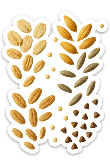 Avena, orzo, farro, segale, quinoa, grano saraceno FLUTTUANO IN ARIA, IPERREALISTICO 4K sticker