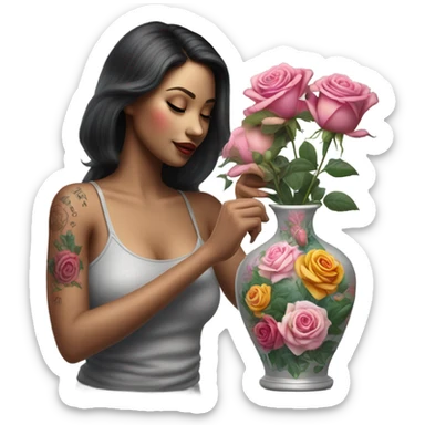 Hyper Realistic beautiful woman model with a small rose tattoo arranging flowers in a vase sticker