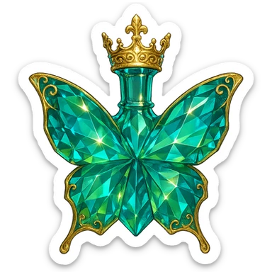 very close to original crystal butterfly-shaped bottle with short neck and princess crown, green and blue colors, many facets, glowing, ornaments, golden details, transparent background, floating in air, no ground or shadow sticker