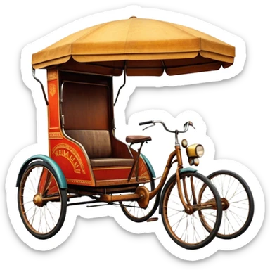 ​Cinematic Realistic Tricycle Rickshaw, depicted as a vintage manually operated vehicle featuring two front wheels and a single rear wheel, rendered with detailed rustic textures, vibrant colors, and dynamic urban lighting that captures its unique design and cultural charm, sticker