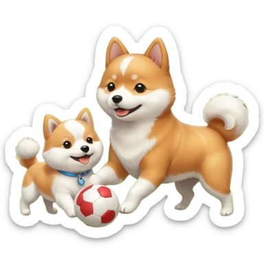 2 dogs, a ginger shiba inu and a small white dog breed coton de tulear, playing with a ball in a sunny garden sticker